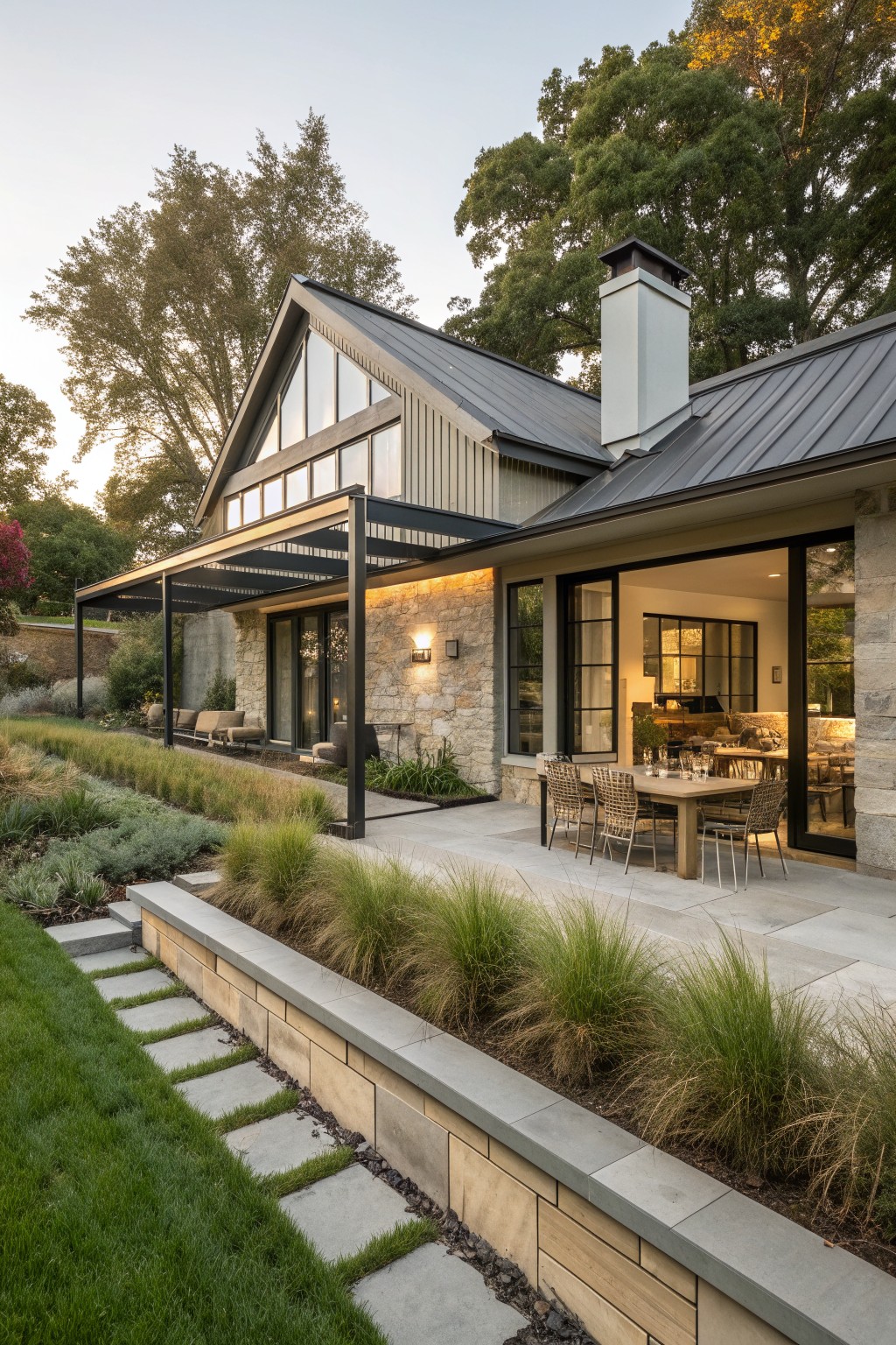 A two-story rustic farmhouse with dark metal roofing, stone and siding exterior, large windows, and an attached covered patio with outdoor dining furniture.