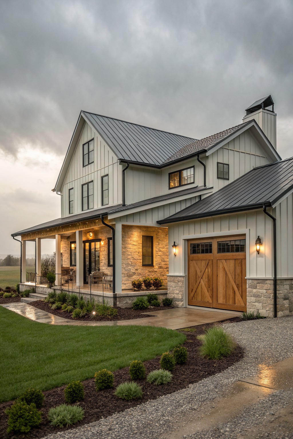 A two-story white farmhouse exterior with dark metal roofing, stone accents on the lower walls, and a wooden double garage door.