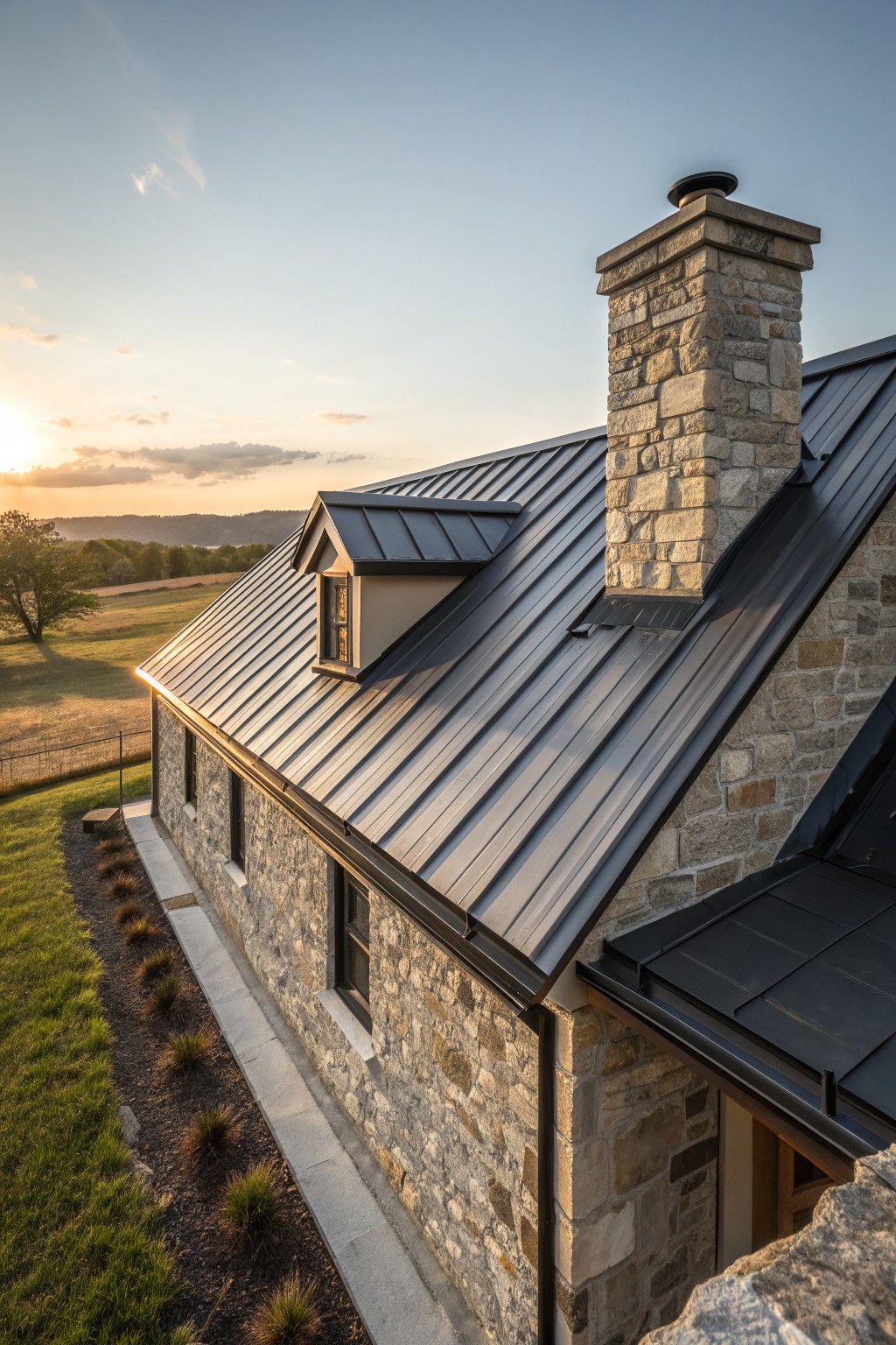 A stone farmhouse exterior with a dark metal roof, a stone chimney, and a small dormer window at sunset.