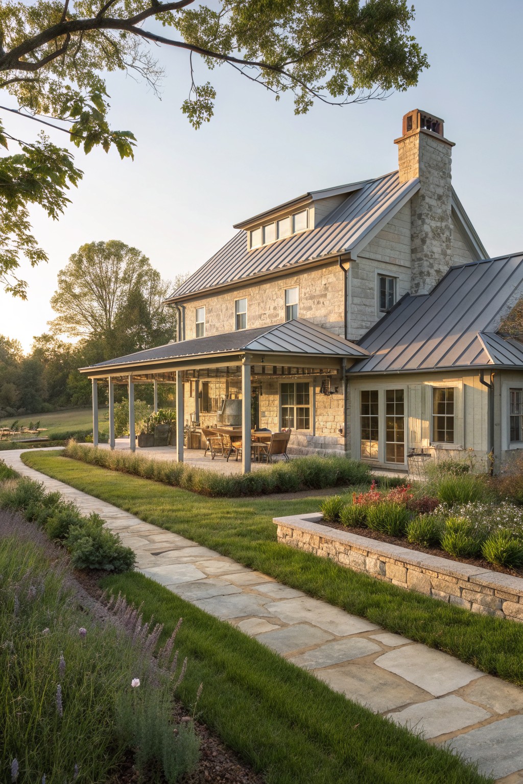 A two-story stone farmhouse with gray metal roofing, a covered side porch, stone chimney, and stone pathways leading through landscaped gardens.