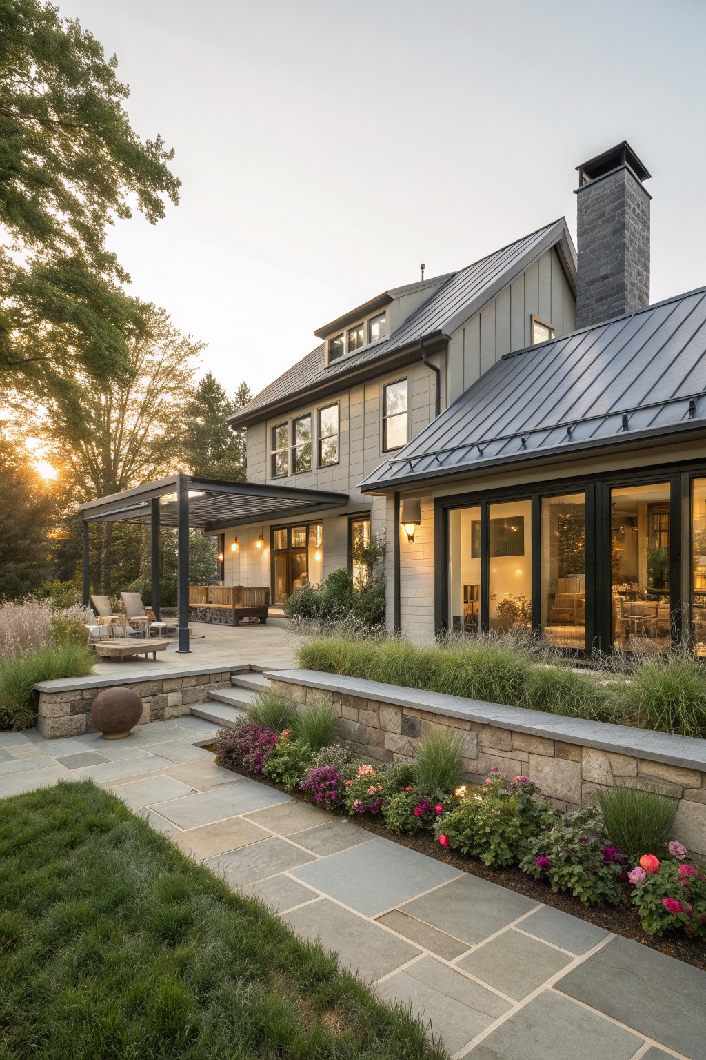 Modern house with stone patio, pergola, chimney, and colorful flower garden at sunset