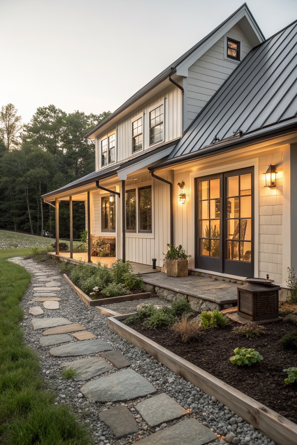 A white two-story farmhouse exterior with dark metal roofing, a covered porch, multiple windows, and a stone pathway bordered by garden beds.