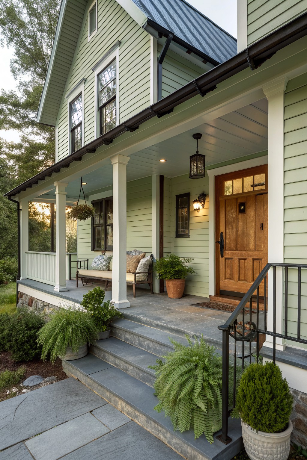 A light green farmhouse exterior with a dark metal roof, white porch columns, a wooden front door, and stone foundation steps.