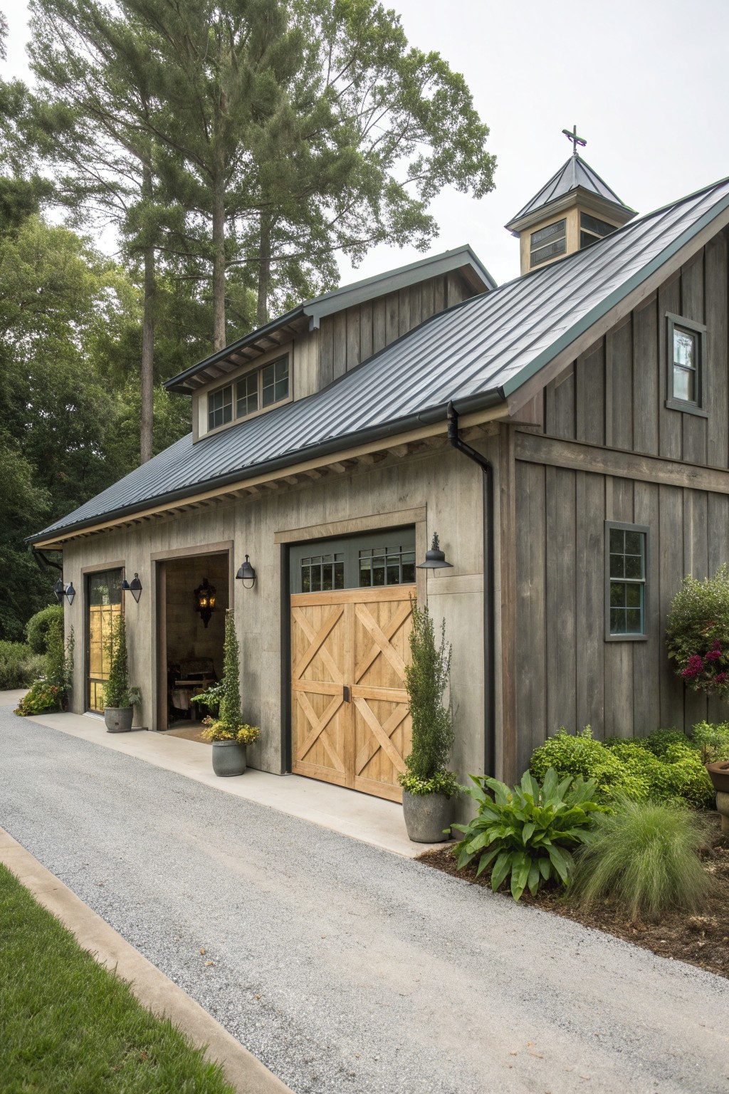 A rustic farmhouse exterior featuring gray wood siding, a dark metal roof with a cupola, and wooden barn-style doors beside a gravel driveway.