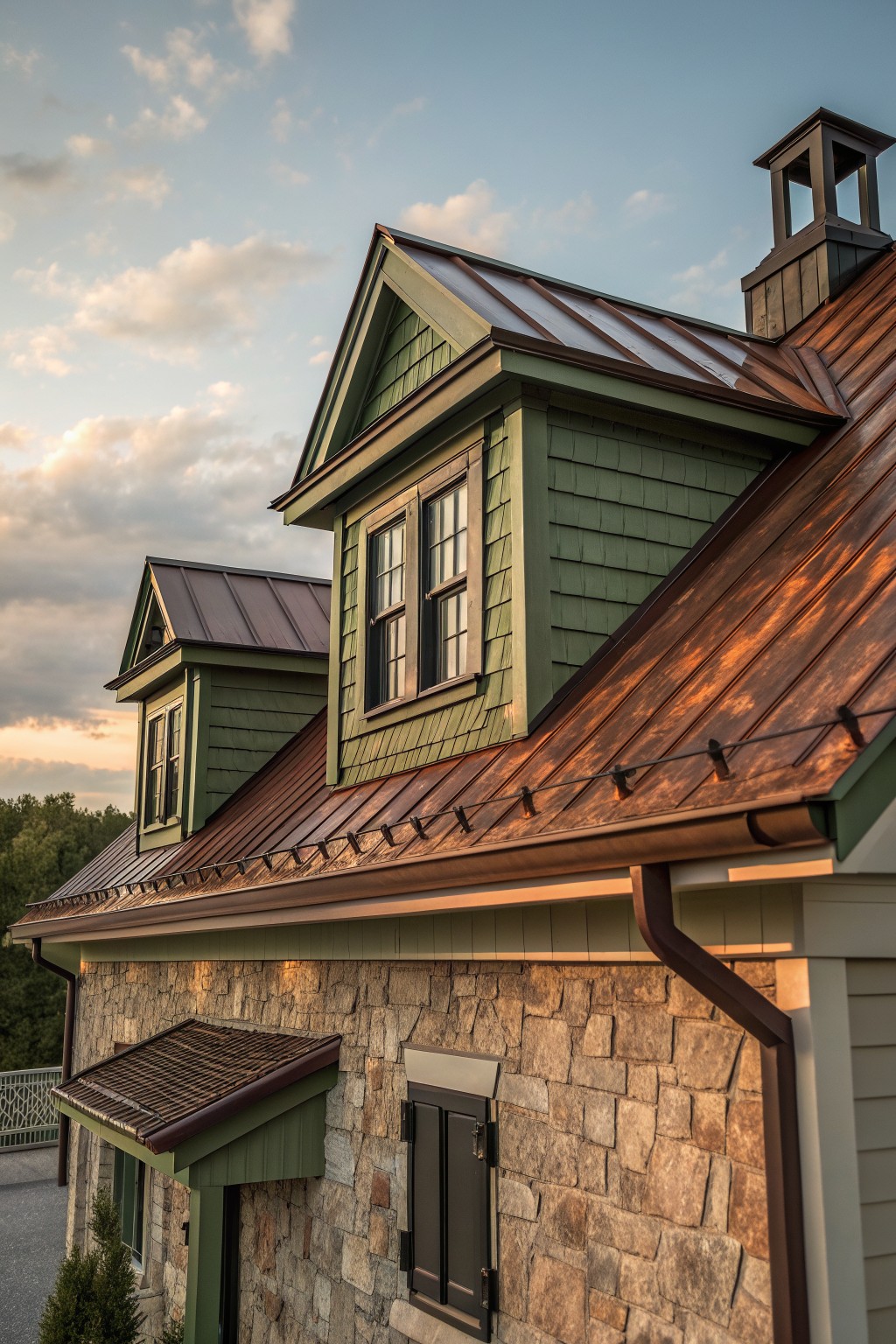 Green house with stone base, brown metal roof, dormers, and cupola at sunset