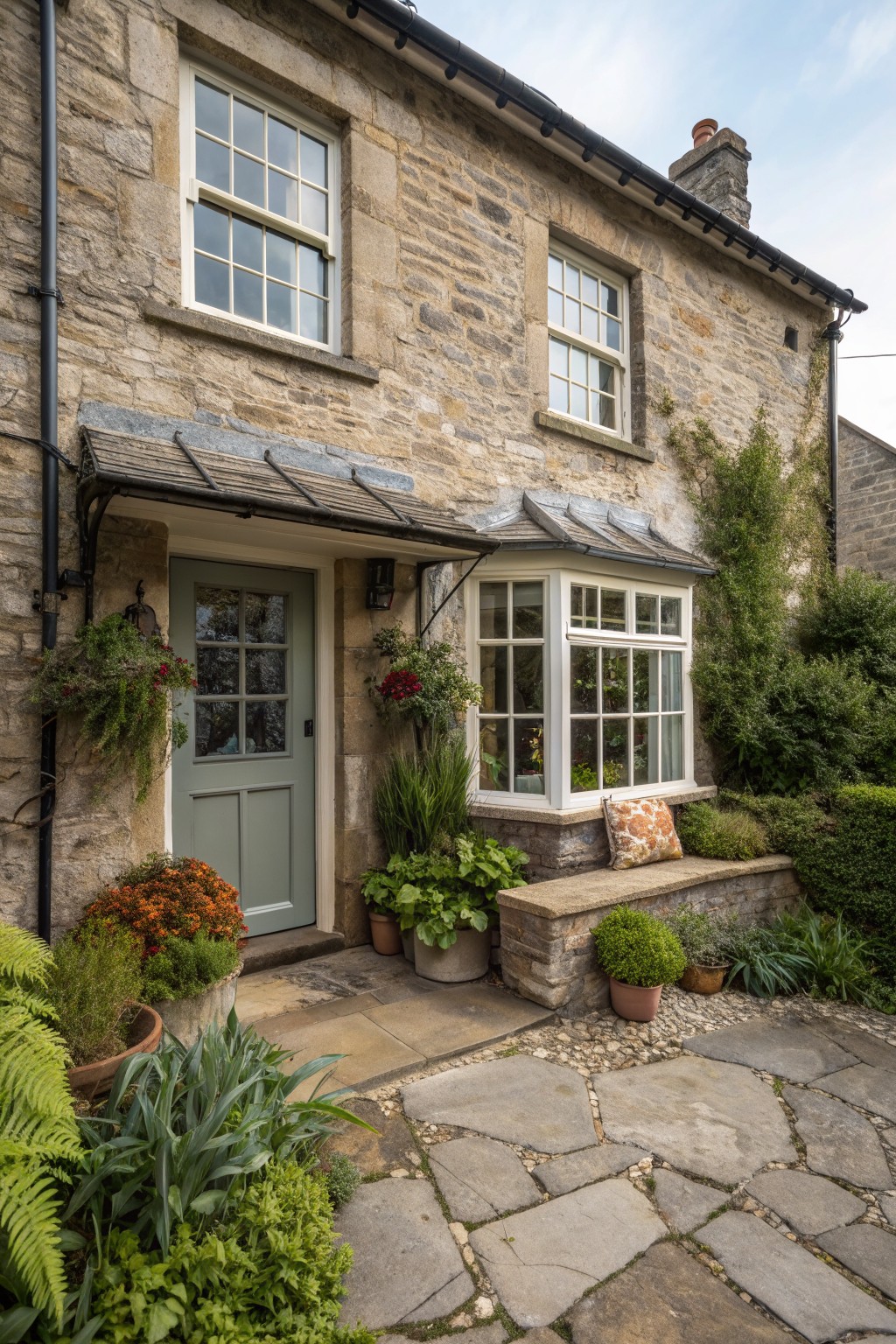 Stone farmhouse exterior with a prominent white bay window, large grid windows above a light green door, and potted plants along the stone entrance.