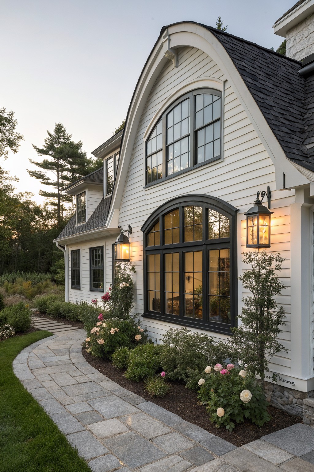 A white farmhouse exterior featuring a large black-framed arched window and smaller rectangular windows on the gable end, with wall lanterns and garden beds along a stone path.