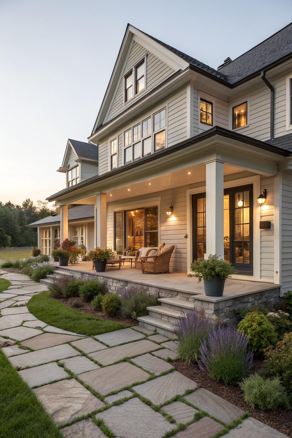 A two-story white farmhouse exterior shows a large gable filled with multiple oversized windows above a wide covered porch with stone steps and potted plants.