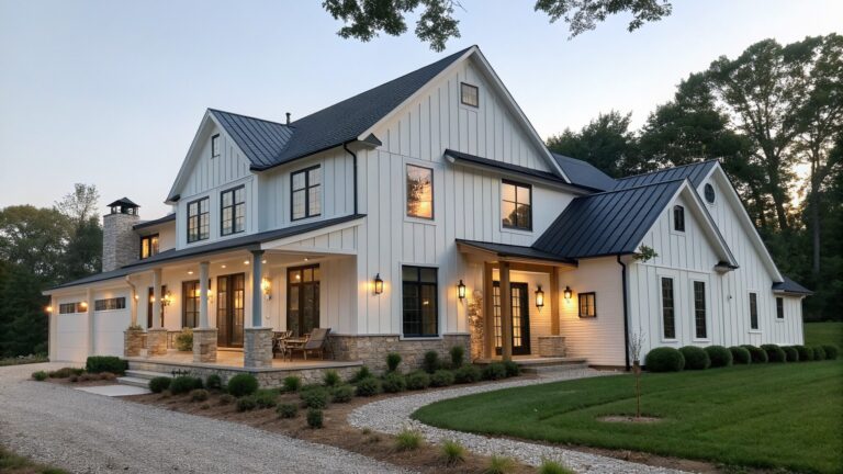 A two-story white farmhouse exterior with multiple large multi-pane windows, a covered porch with stone pillars, and a paved driveway in front.