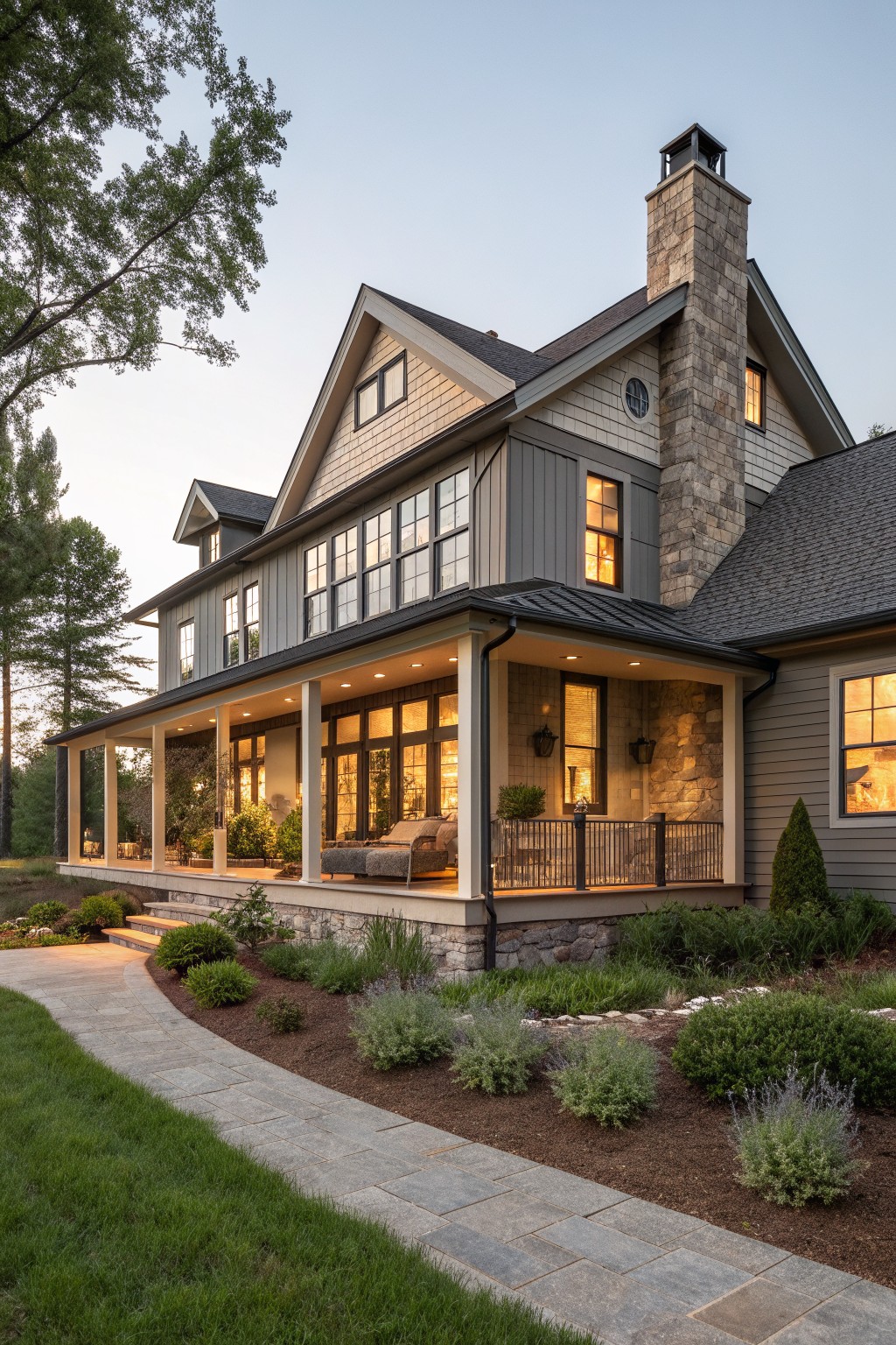 A two-story gray farmhouse exterior at dusk with multiple large multi-paned windows along the covered porch, a stone chimney, and a curved stone pathway through the front garden.