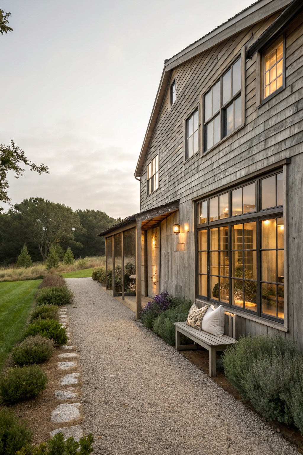 Rustic wooden house with large windows, bench, and gravel path at dusk