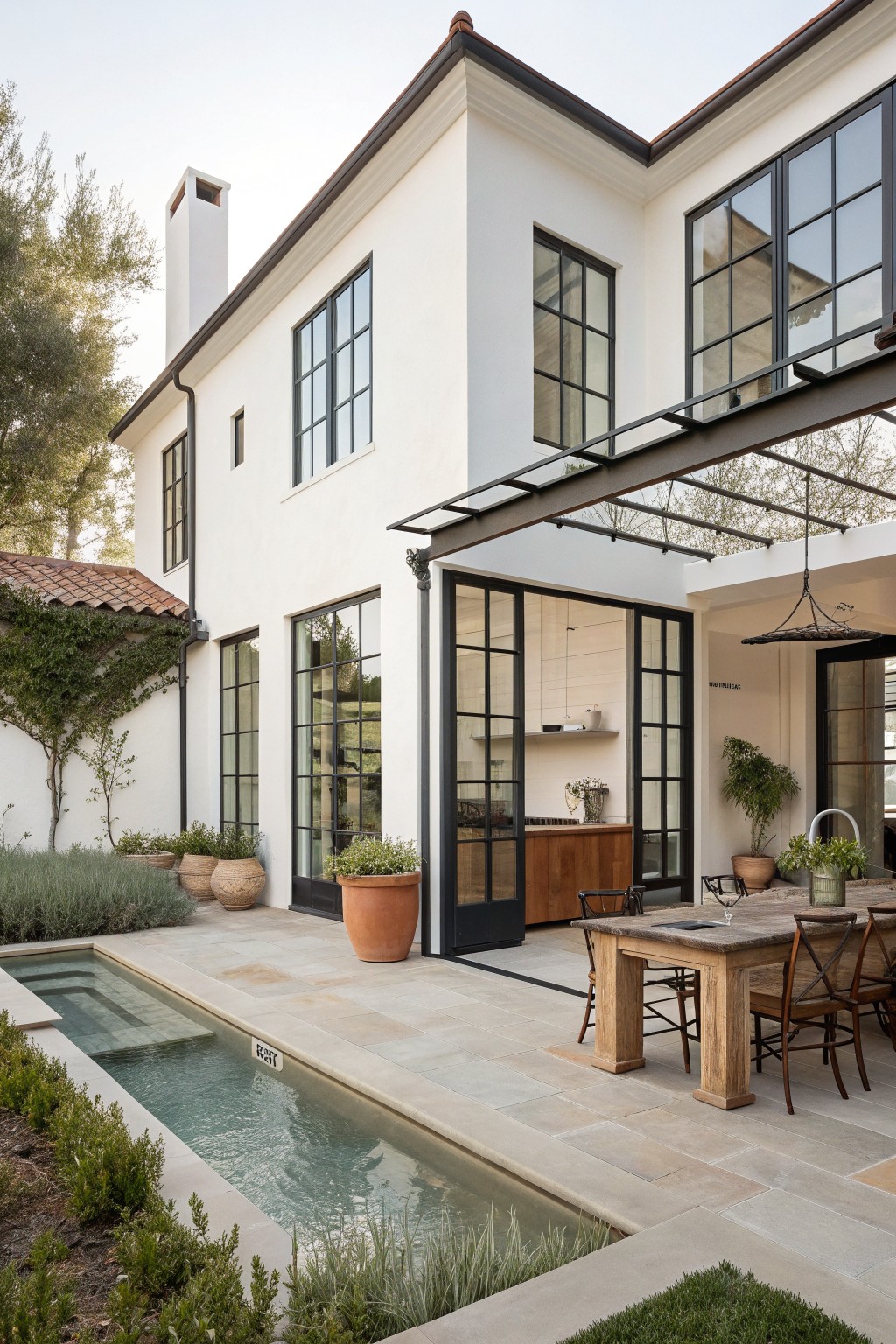 A white two-story farmhouse exterior with multiple large black-framed windows, a covered patio with a wooden dining table, and a long narrow pool in the foreground.