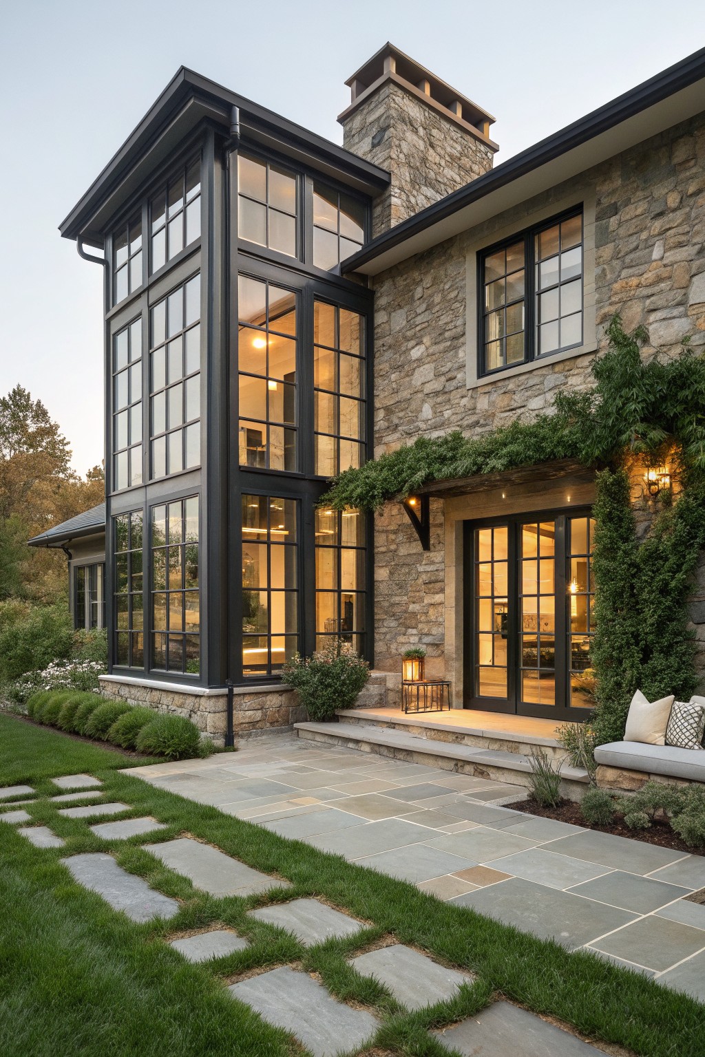 A stone farmhouse exterior with tall black grid windows, a chimney, and a paved patio area.