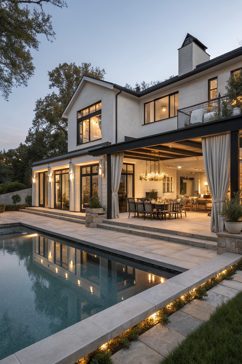 A white two-story farmhouse with multiple large black-framed windows overlooking a rectangular pool and covered outdoor dining area at dusk.