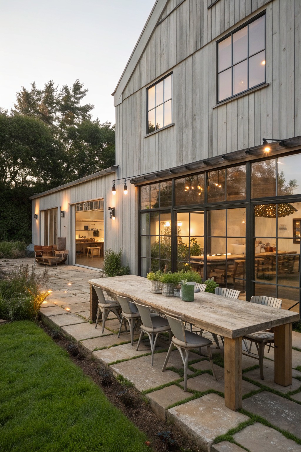 Rustic barn house with long wooden dining table on stone patio under string lights