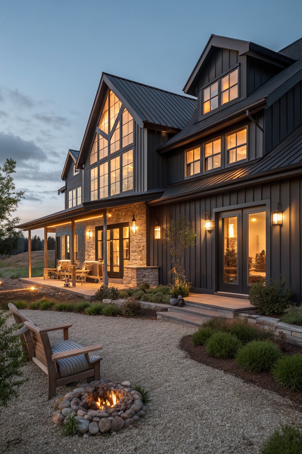 A dark gray farmhouse exterior at dusk with multiple oversized multi-pane windows lit from within, a stone porch, and a gravel fire pit area in the foreground.