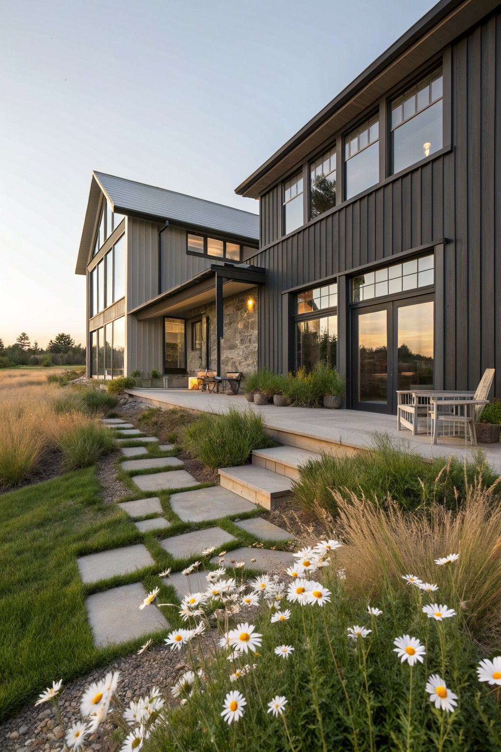 Modern dark house with large windows, deck, stone steps, and daisy-lined path at dusk