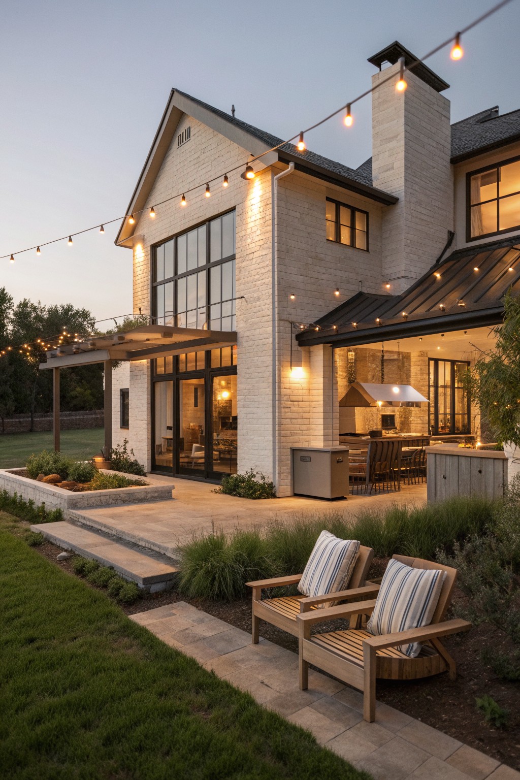 Modern white brick house patio with string lights, wooden chairs, and outdoor kitchen at dusk.