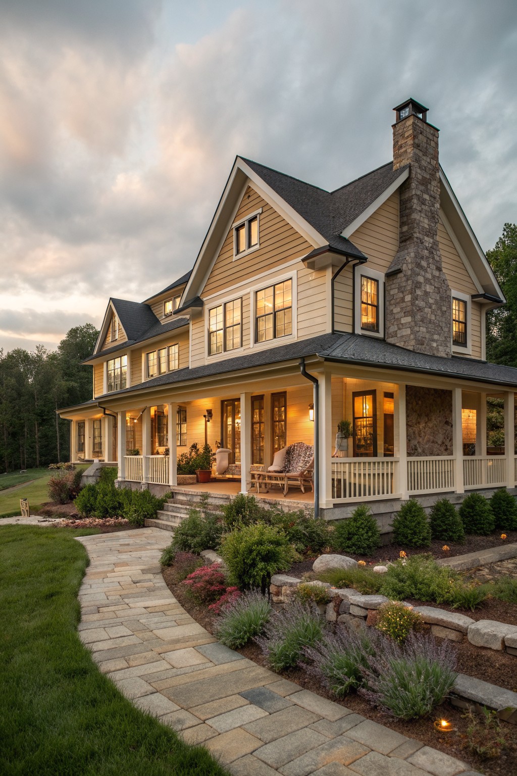 A two-story yellow farmhouse exterior at dusk with multiple large multi-pane windows glowing on the front and gable ends, a stone chimney on the right, and a covered porch with steps leading to a stone pathway.