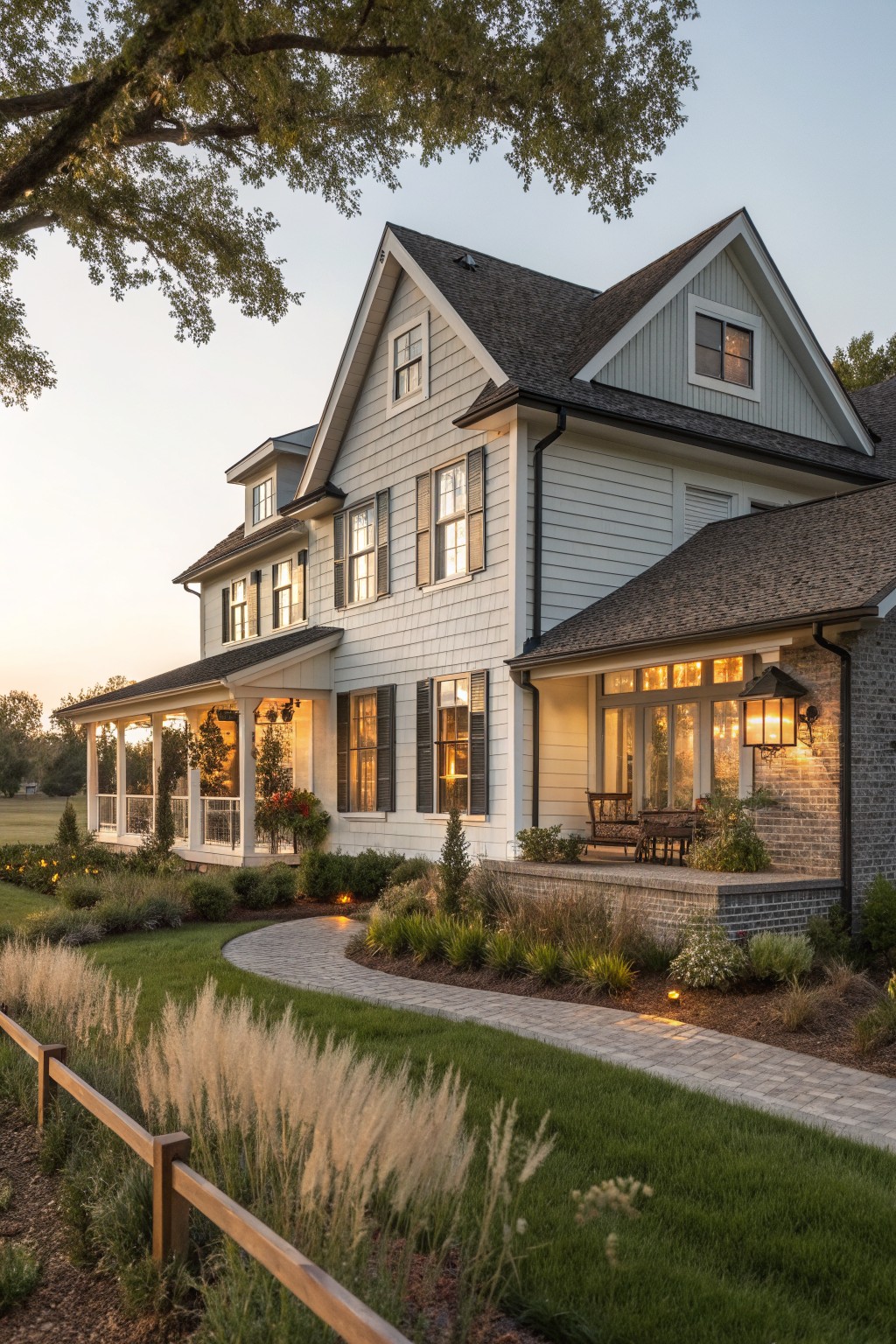 A two-story farmhouse exterior with light gray siding, multiple large windows with dark shutters, a covered porch with brick base, and a curved stone pathway through the front yard at dusk.