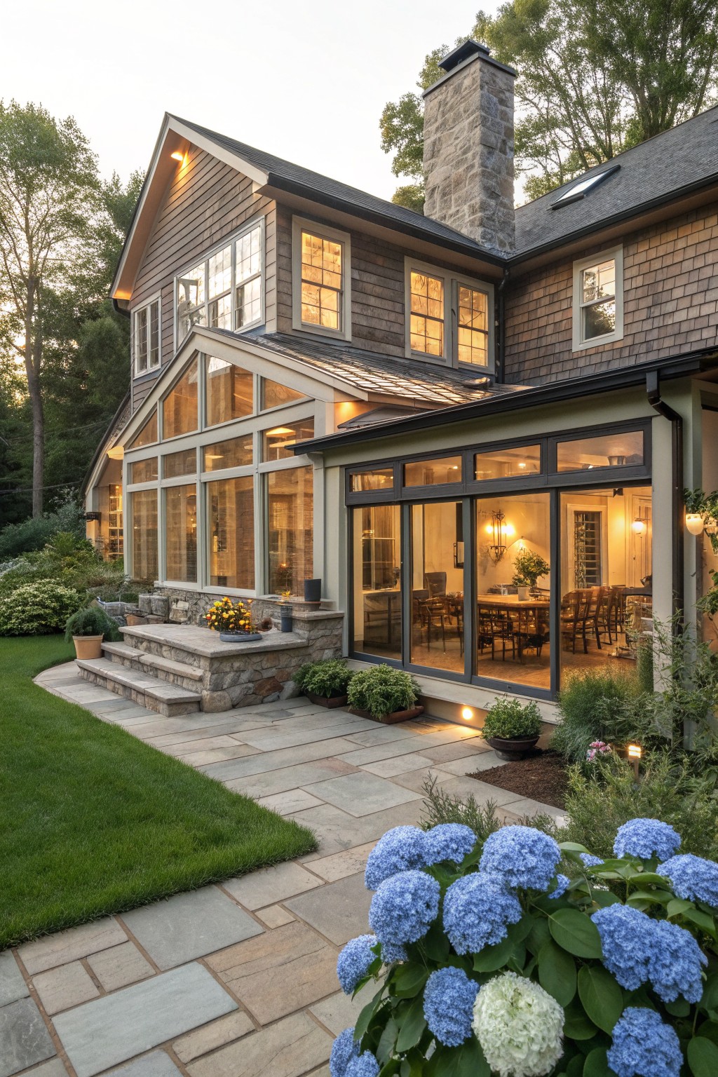 A two-story farmhouse exterior with multiple large multi-pane windows, a stone chimney, and a paved patio bordered by blue hydrangeas.