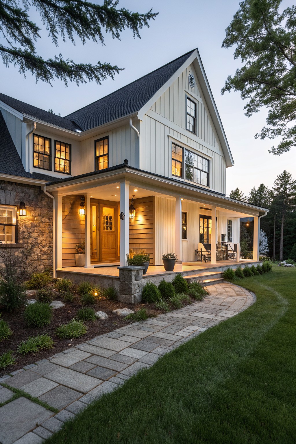 A two-story white farmhouse with a wide covered front porch, white columns, stone accents at the base, and a curved stone pathway leading to the entrance.