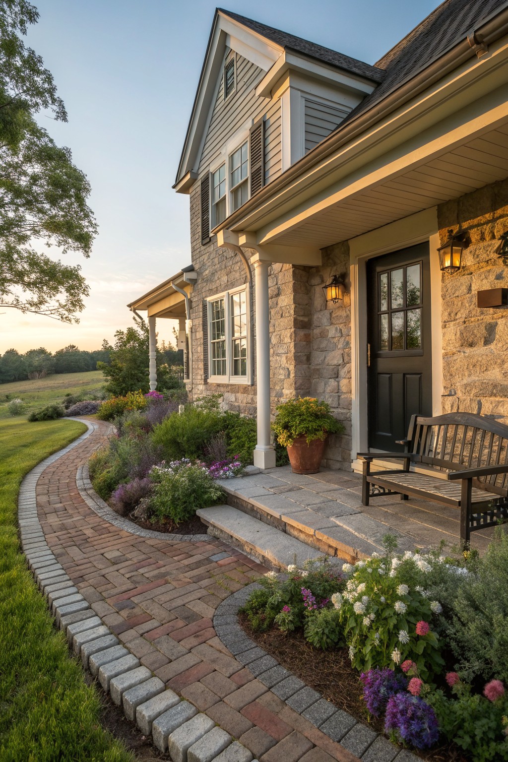 A stone farmhouse with a dark front door, a wooden bench on the porch, and a curving brick path lined with garden beds leading to the entrance.