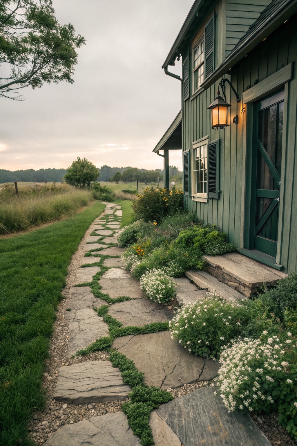 A winding stone pathway with grass and small plants between the pavers leads past flowering shrubs to the green wooden side entrance of a house with a lit lantern above the door.