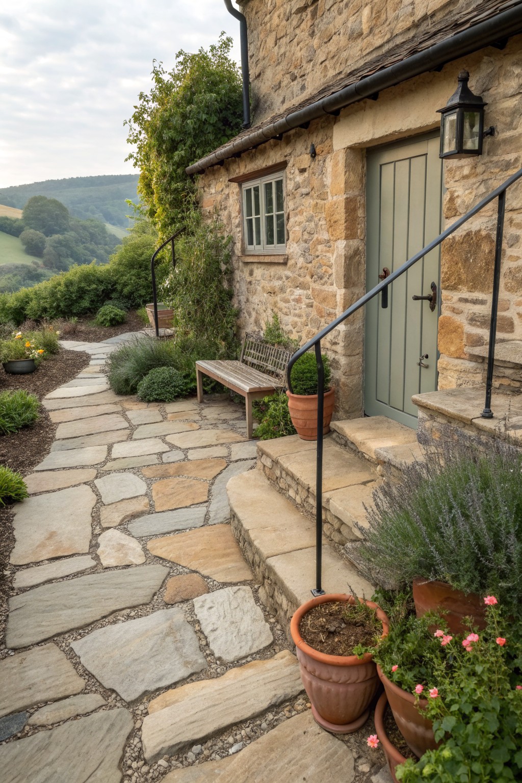 Stone house exterior with green door, stone steps, and irregular flagstone path bordered by potted plants and a wooden bench.