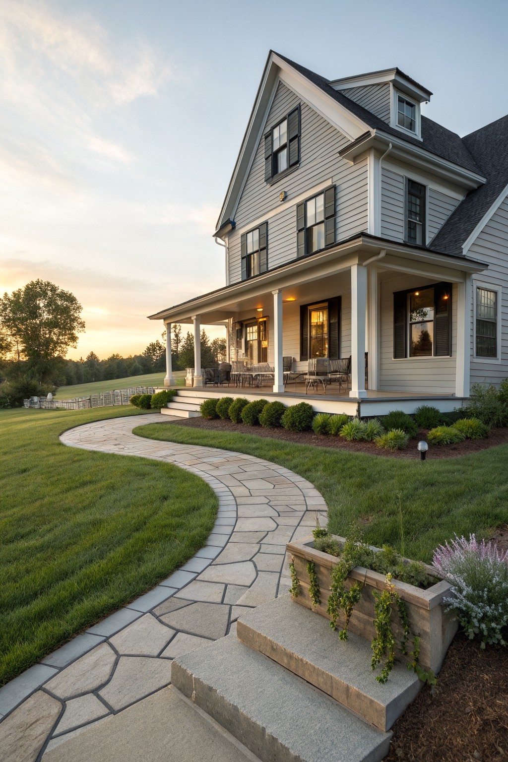 A two-story gray farmhouse with a covered porch and a curved irregular stone pathway leading across a lawn to concrete steps at the entrance.