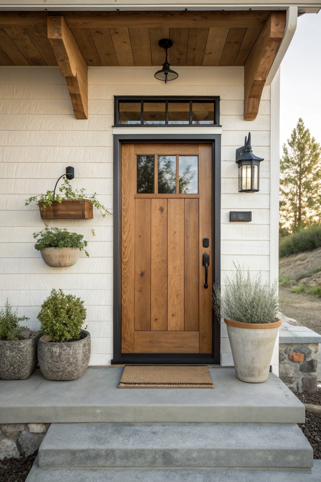Wooden front door with black trim on white house porch amid potted plants and doormat.