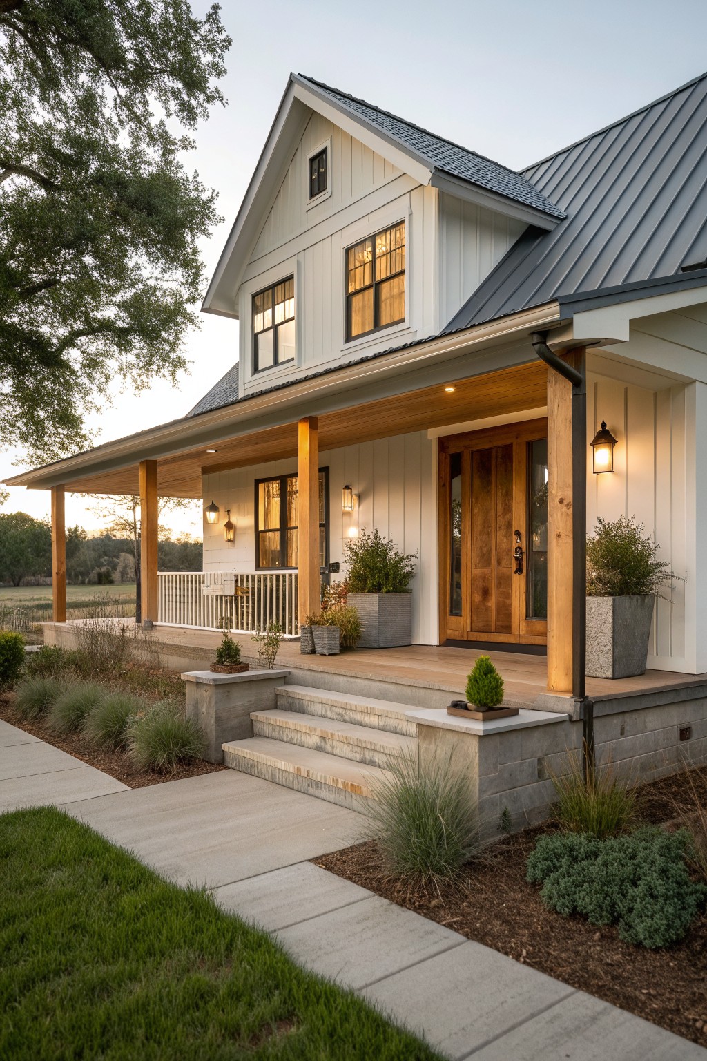 Modern white farmhouse with wooden porch, gray roof, stone steps, and potted plants.
