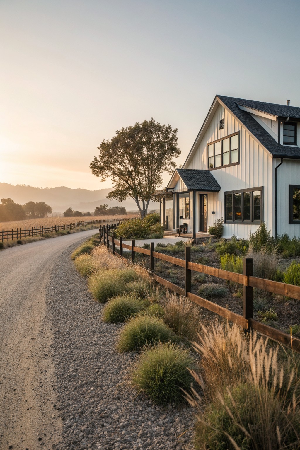 Modern white farmhouse by curving gravel road, wooden fence, and tree at sunset