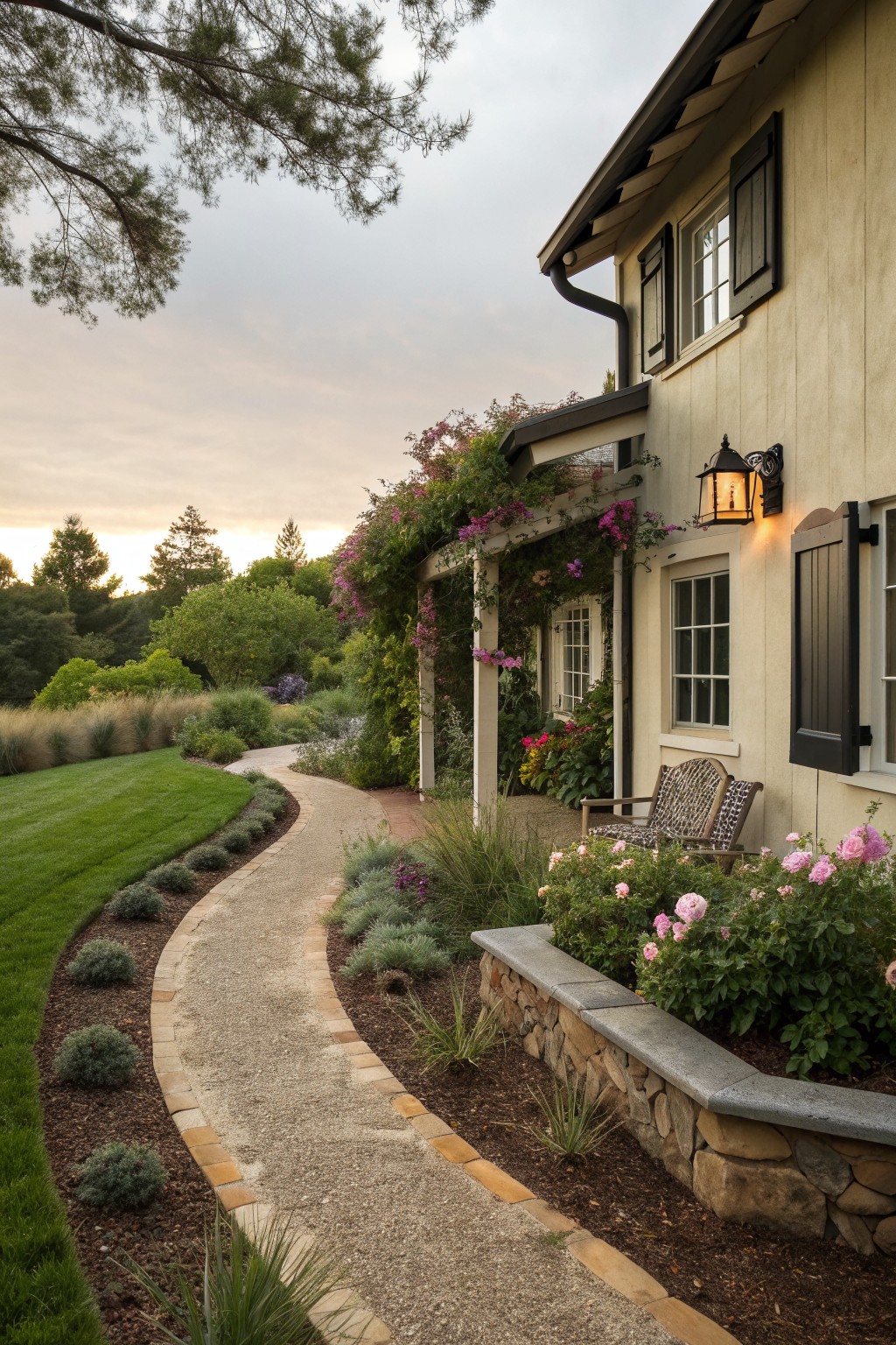 A beige house with dark shutters beside a curved gravel path lined with stone edging and flower beds.