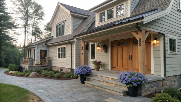 A two-story house with gray shingle siding, white trim, a natural wood front door, stone steps and pillars, and a covered front porch.