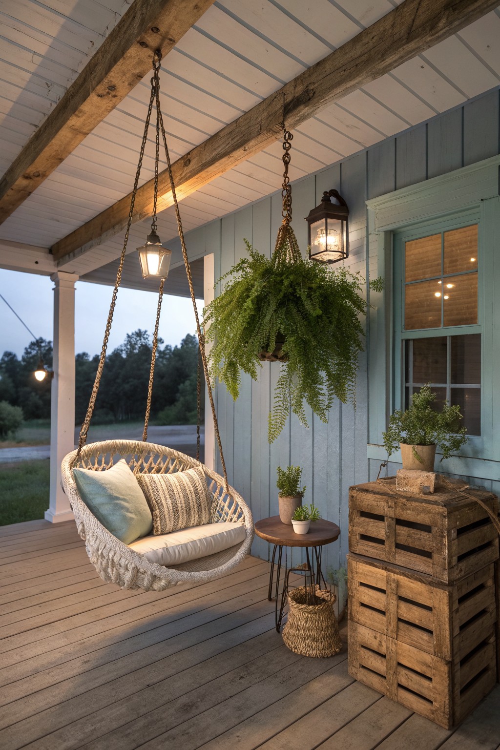 A woven hanging chair with cushions suspended by chains from a wooden porch beam on a light blue sided house, next to potted plants and stacked wooden crates.