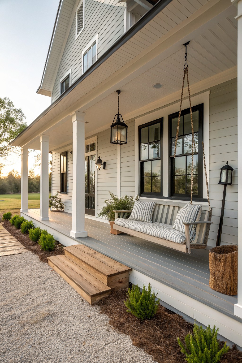 A white farmhouse porch with a wooden swing hanging from chains, striped cushions, white columns, and black window frames.