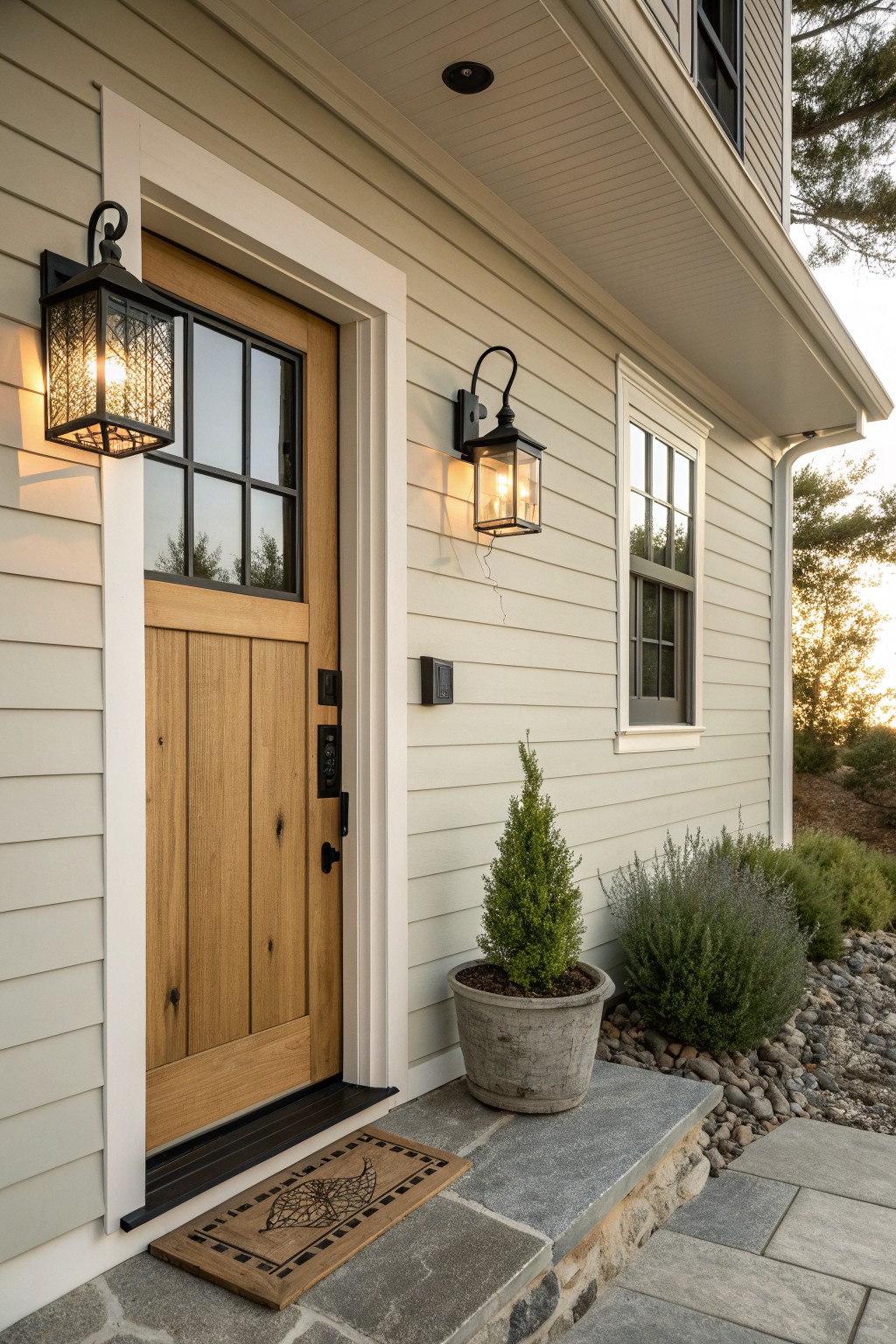 Wooden door with black lanterns on beige siding beside potted plants and doormat