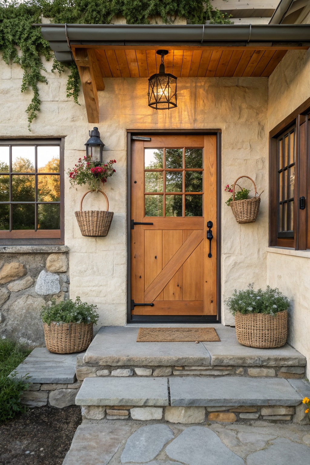 Front entrance of a house featuring a wooden door with diagonal brace, stone walls, hanging wicker baskets, and concrete steps.