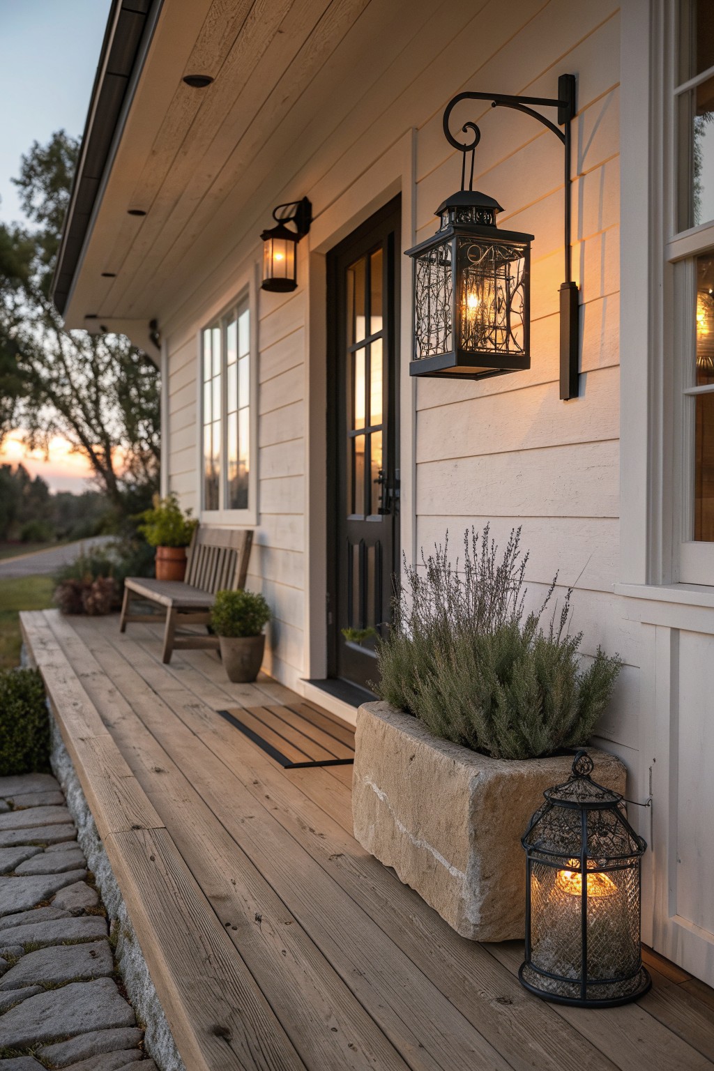 White farmhouse exterior with black metal lanterns mounted beside a dark door, a stone planter holding shrubs, and a lit lantern on the wooden porch.