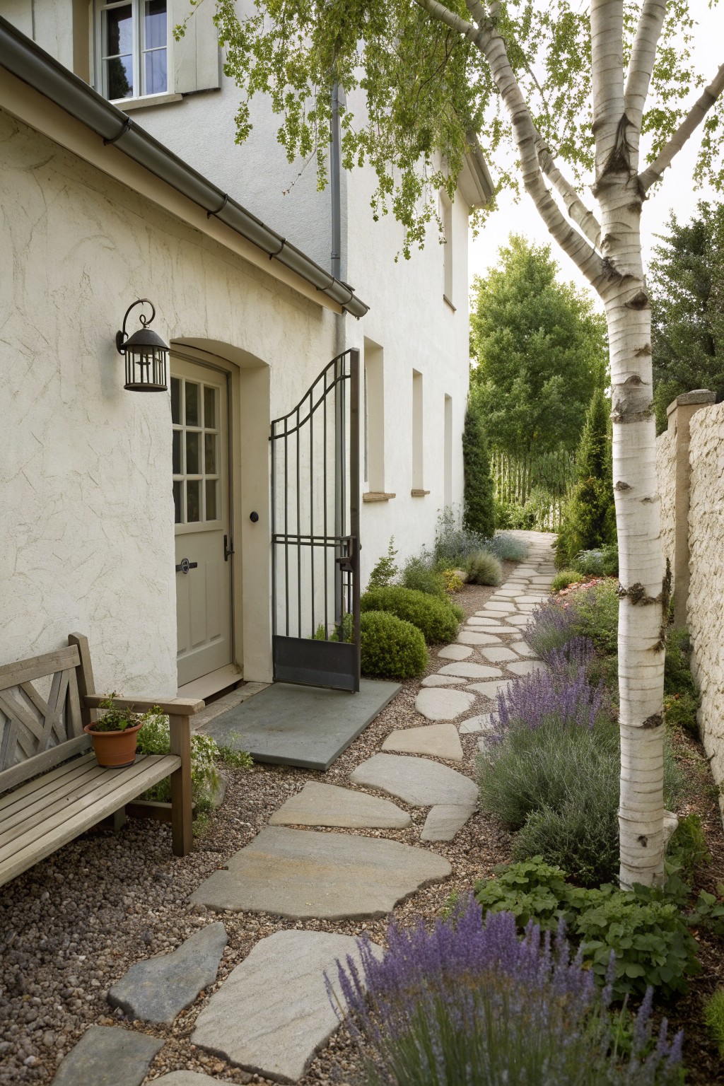 A white stucco house exterior with a partially open metal gate, a winding flagstone path through gravel and garden beds with trees and flowering plants.