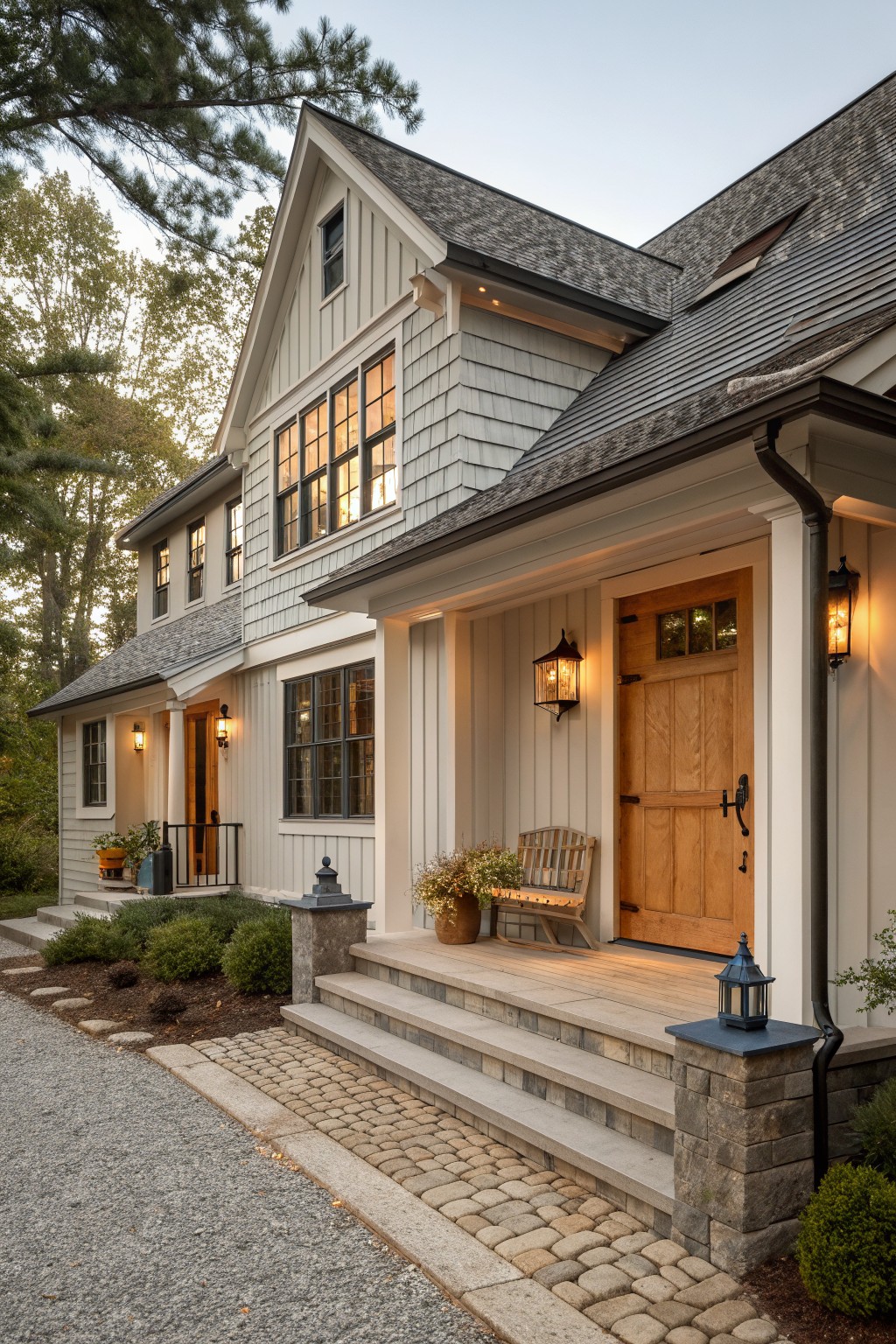 A two-story house with gray shingle siding, white trim, a natural wood front door, stone steps and pillars, and a covered front porch.