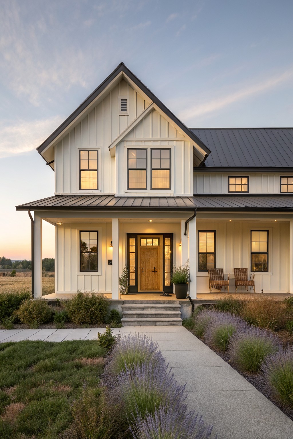 A white two-story farmhouse with board and batten siding, a centered wooden front door with black trim, a metal roof, and lavender plantings along a concrete walkway.