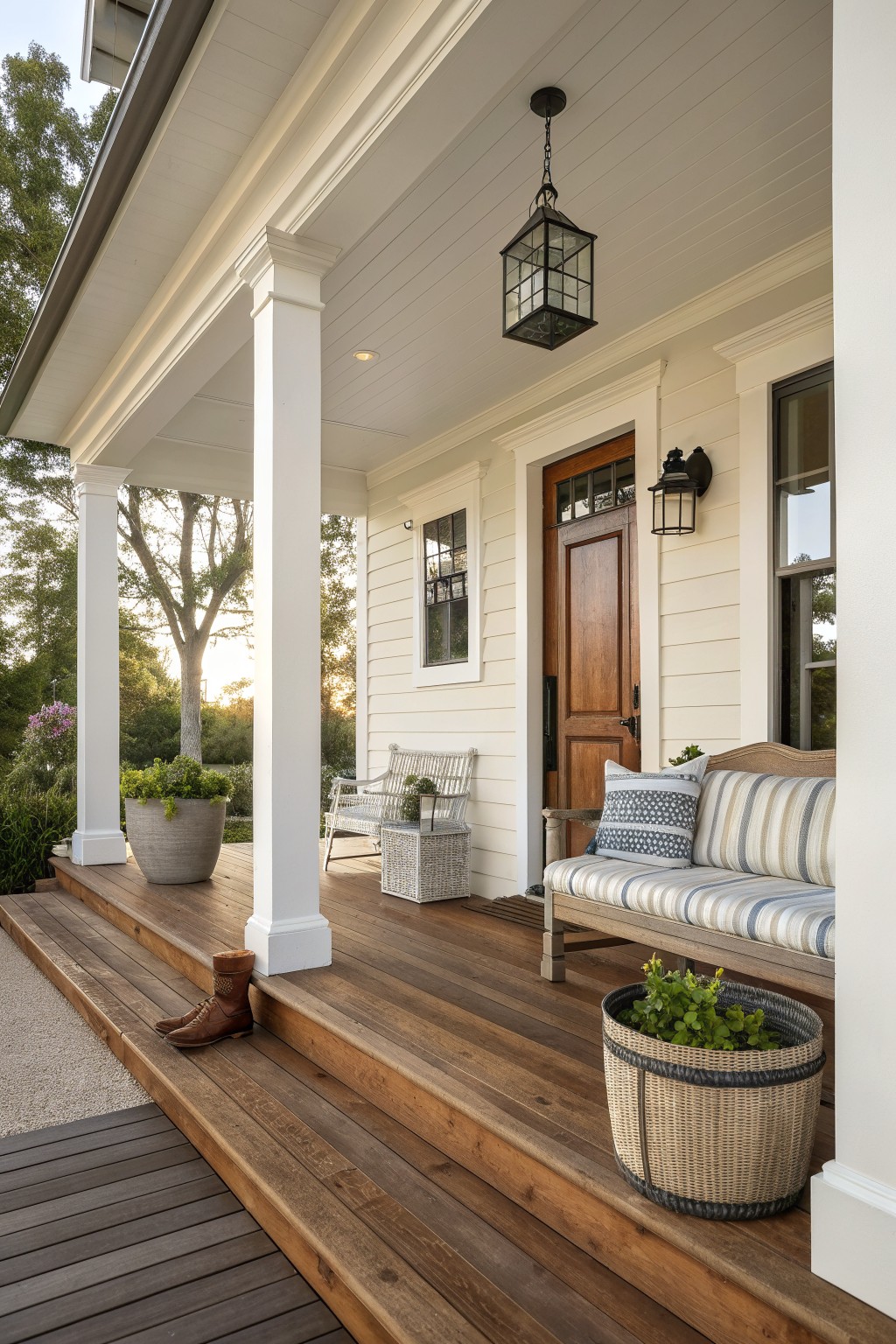 A wooden front porch with white columns, a cushioned bench, a wicker chair, potted plants, and a brown door under a hanging lantern.