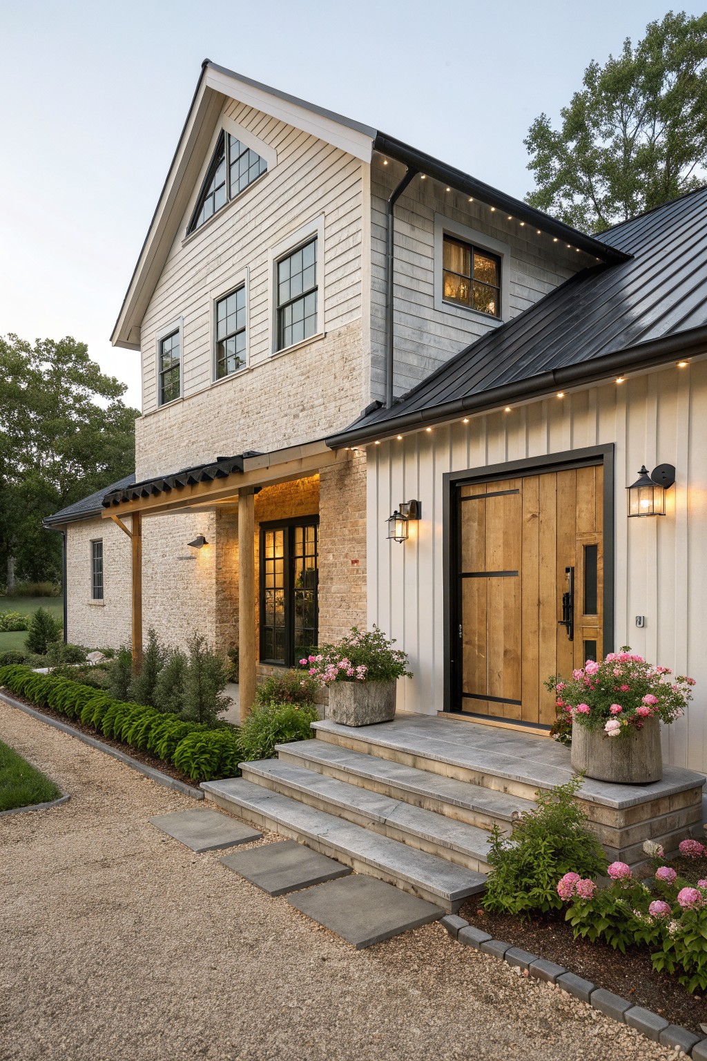 Modern farmhouse with white siding, wooden door, stone steps, and pink flowers.