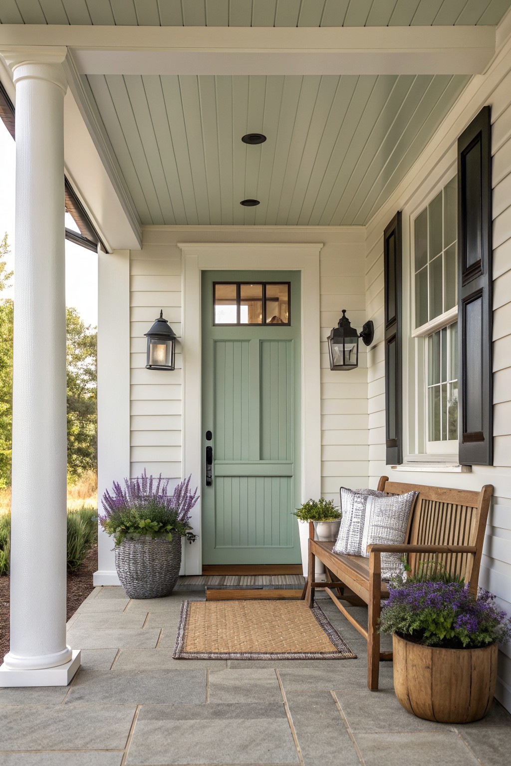 Porch with sage green door, wooden bench, woven rug, and potted purple flowers.