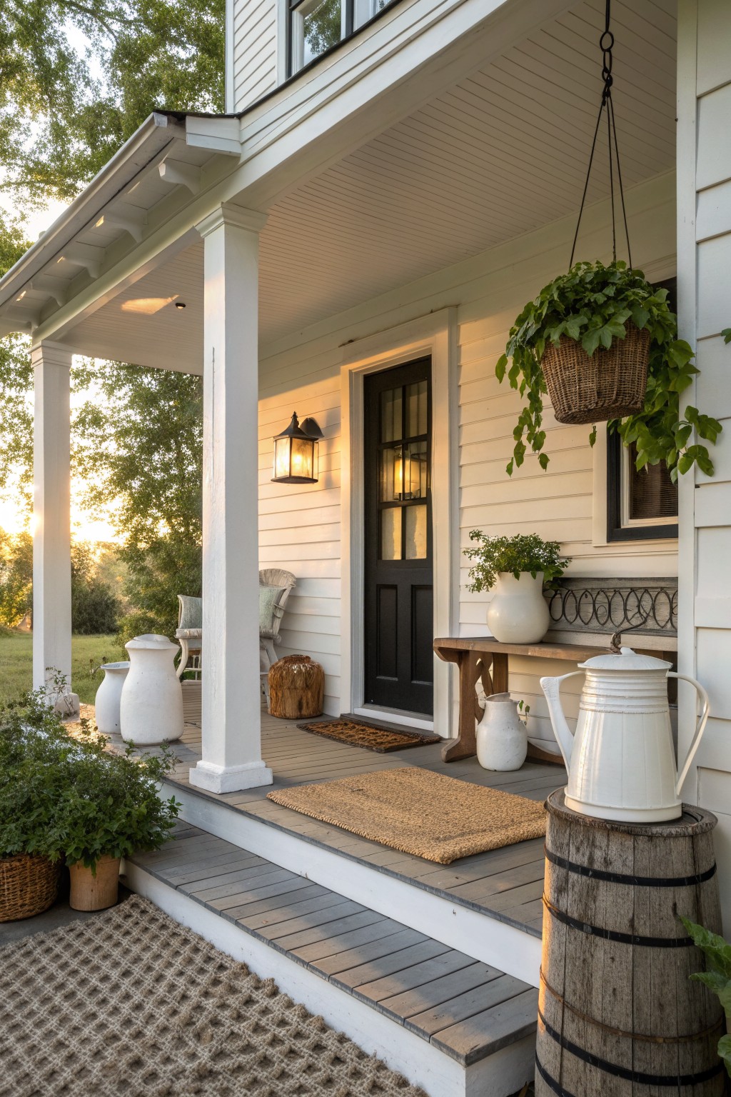 A white farmhouse porch with a black front door, wooden barrel, hanging basket, and woven rugs on the steps.