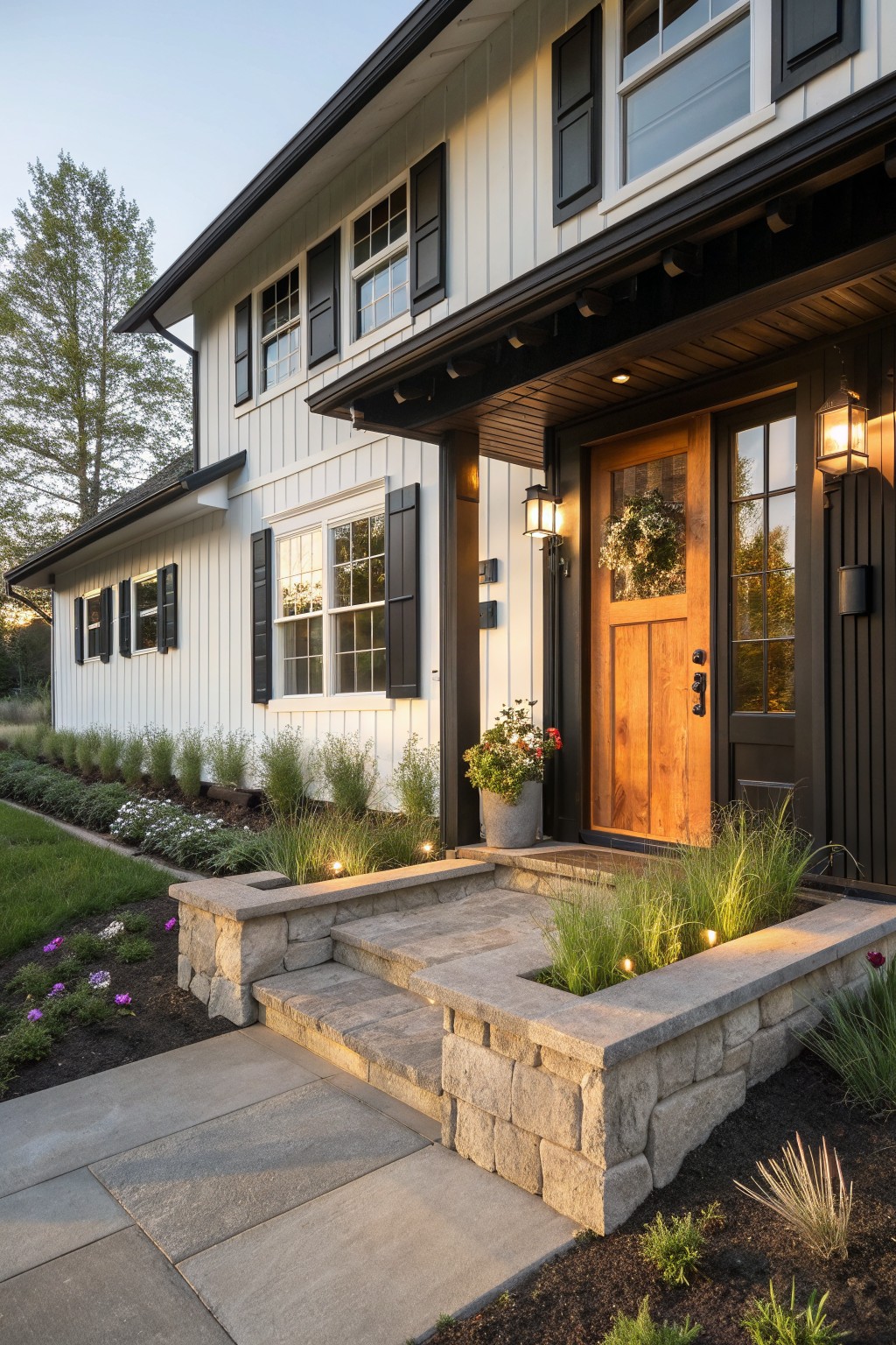 A white two-story house with dark trim shows stone steps leading to a wooden front door, with built-in stone planters on either side holding tall grasses.