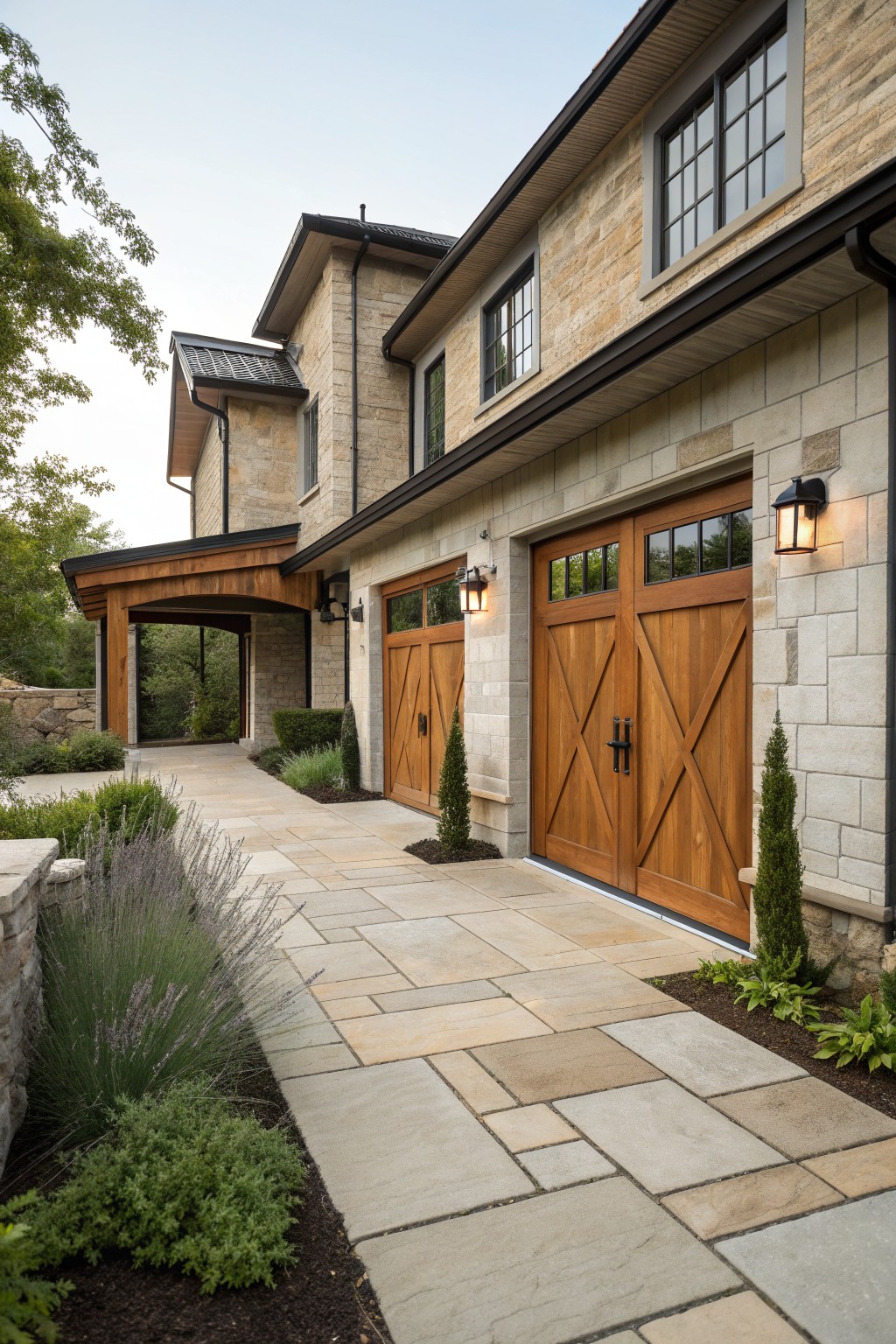Stone house with wooden garage doors and landscaped stone driveway