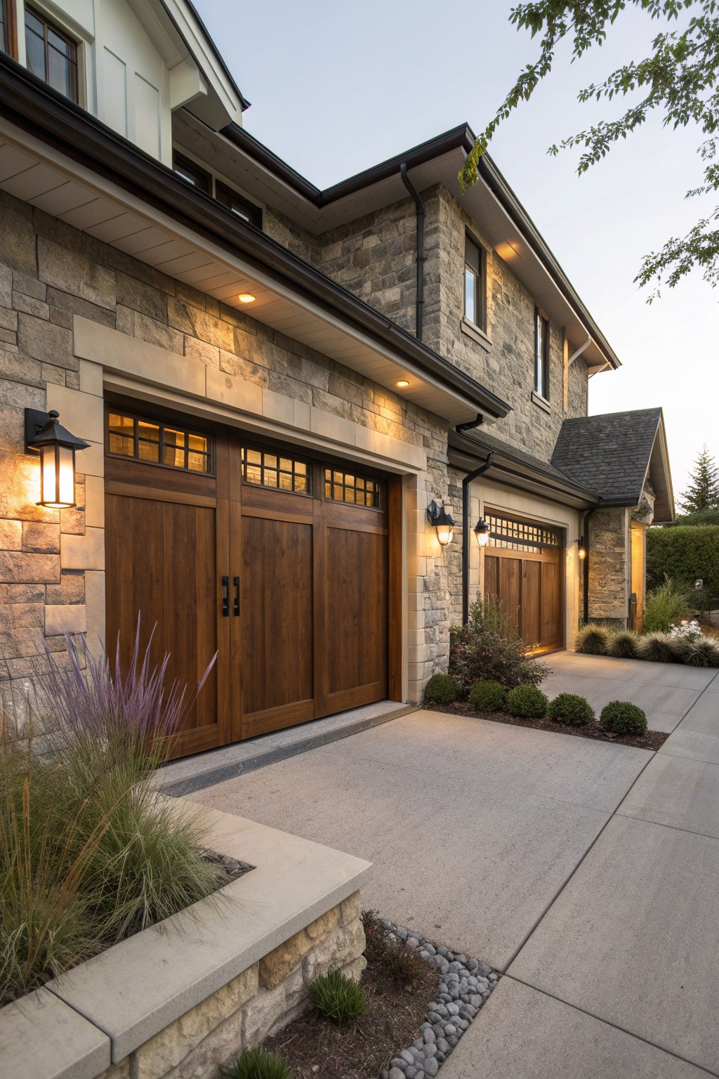 A stone house exterior featuring three dark wooden garage doors with small windows, exterior wall lanterns, and a concrete driveway.